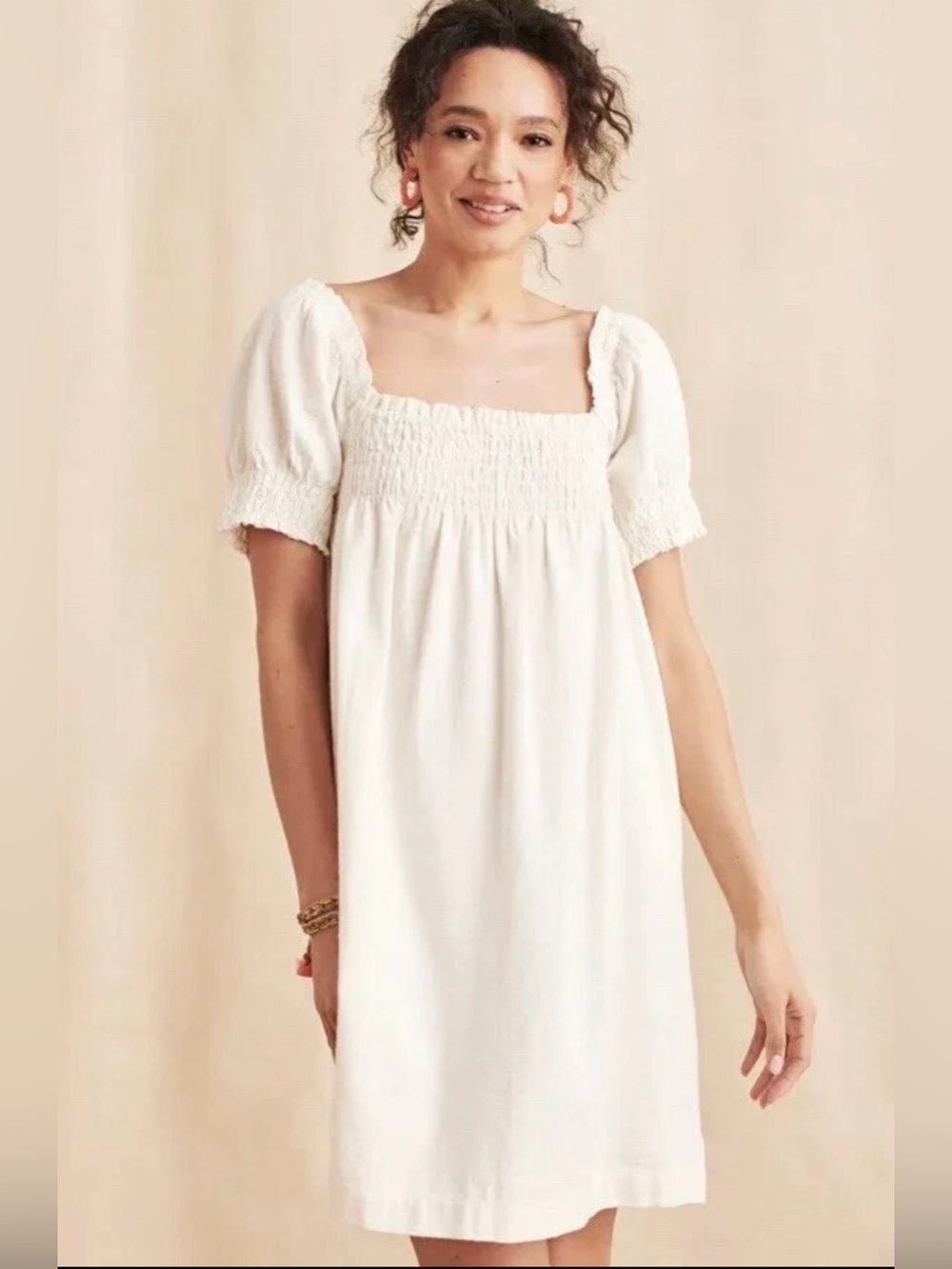 Faherty Ramona 100% Organic Cotton Smocked Top Mini Dress in Egret, Size Medium